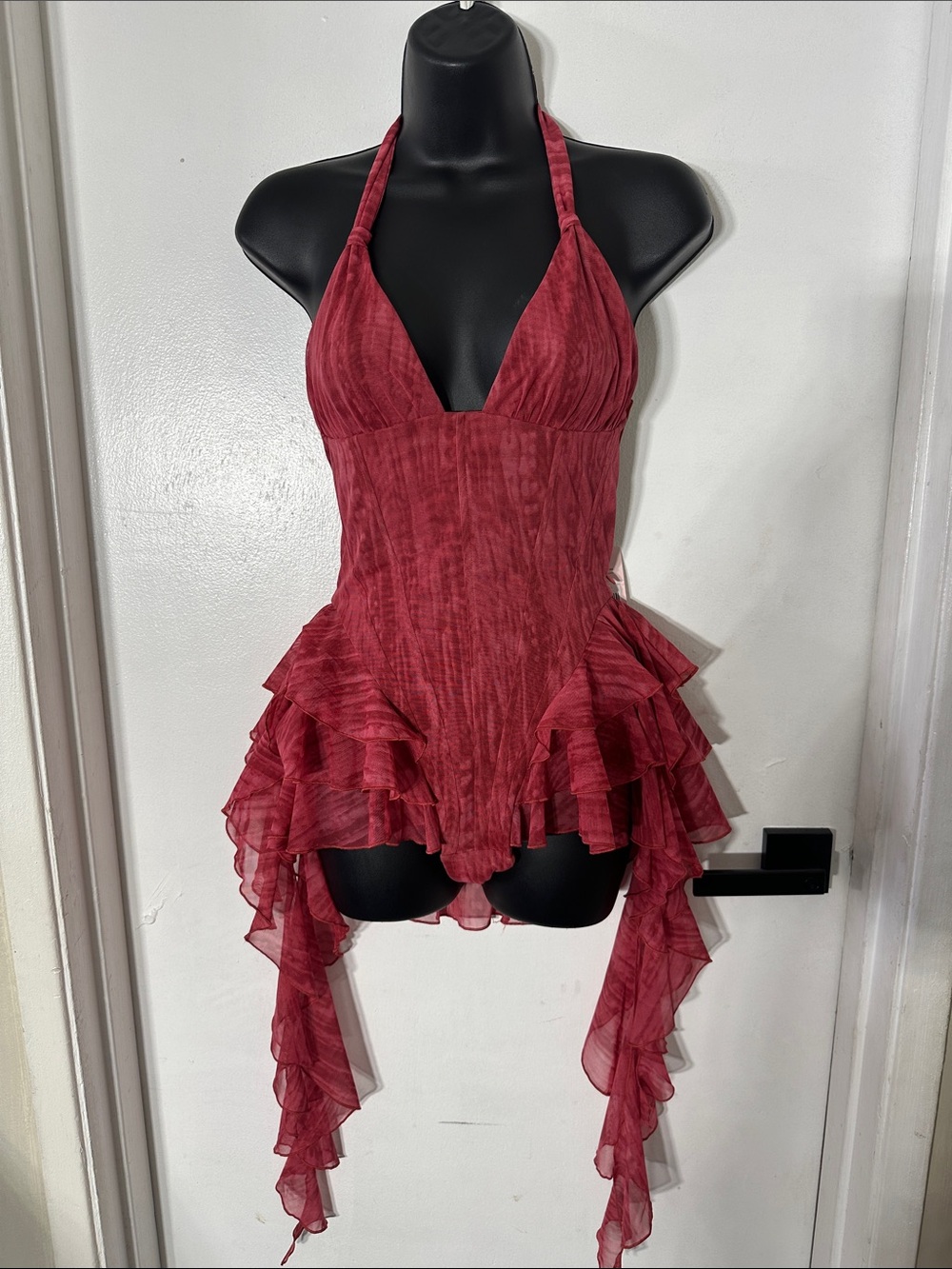 Oh Polly Burgundy Halter Asymmetrical Ruffle Mini Dress